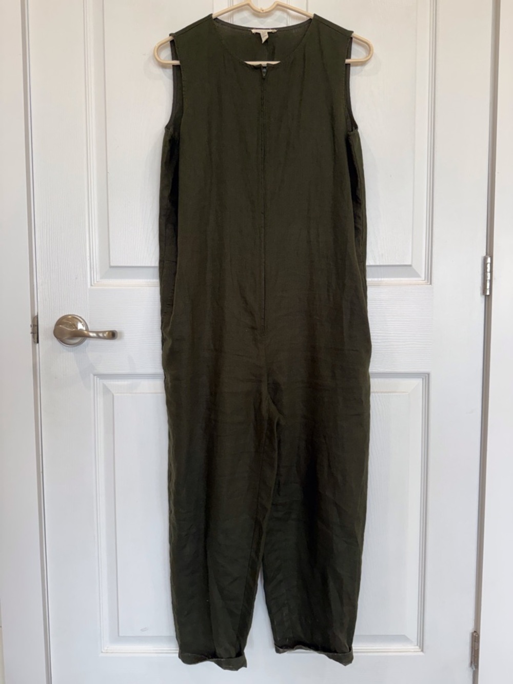 Eileen Fisher Linen Sleeveless Jumpsuit front zip pockets dark green